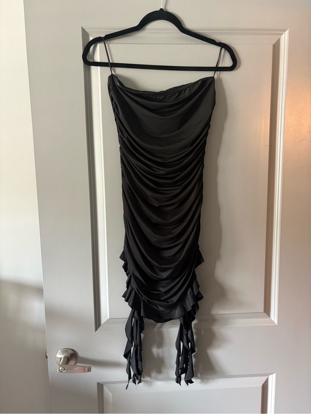 Black Draped Mini Dress with Tassel Trim